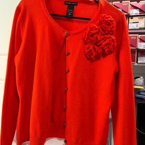 New York and Company Vibrant Red Cardigan with Floral Detail
